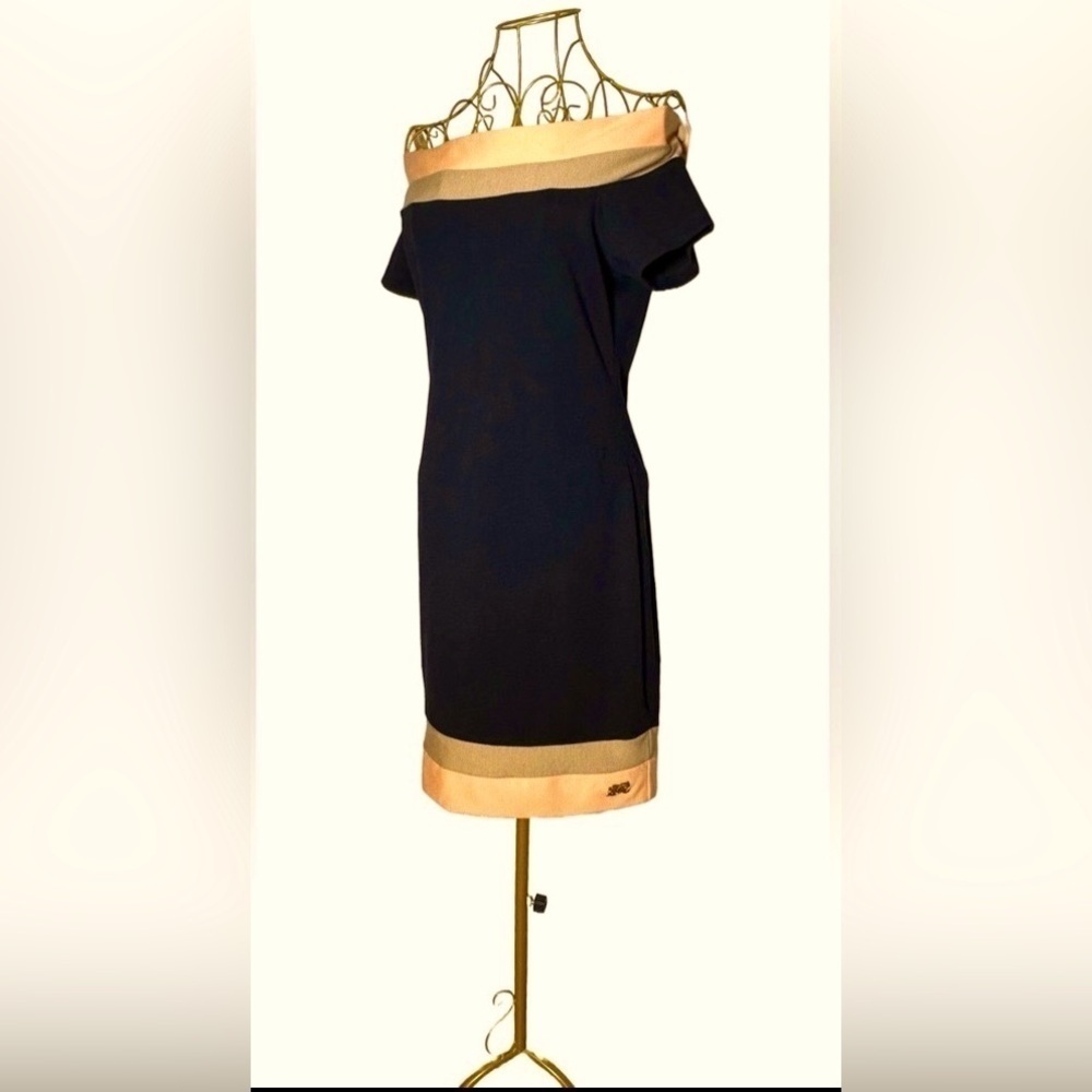 Vintage Morena Rosa Off-Shoulder Dress, Cap Sleeves, Black w/ Orange/Tan Trim, L